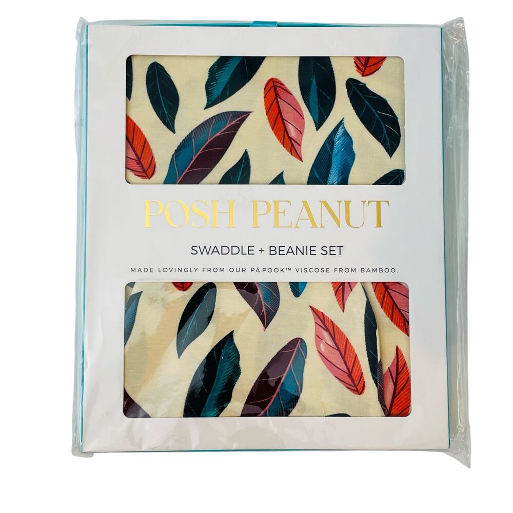 NWT Posh Peanut Swaddle & Beanie Set in Casper Feather Print